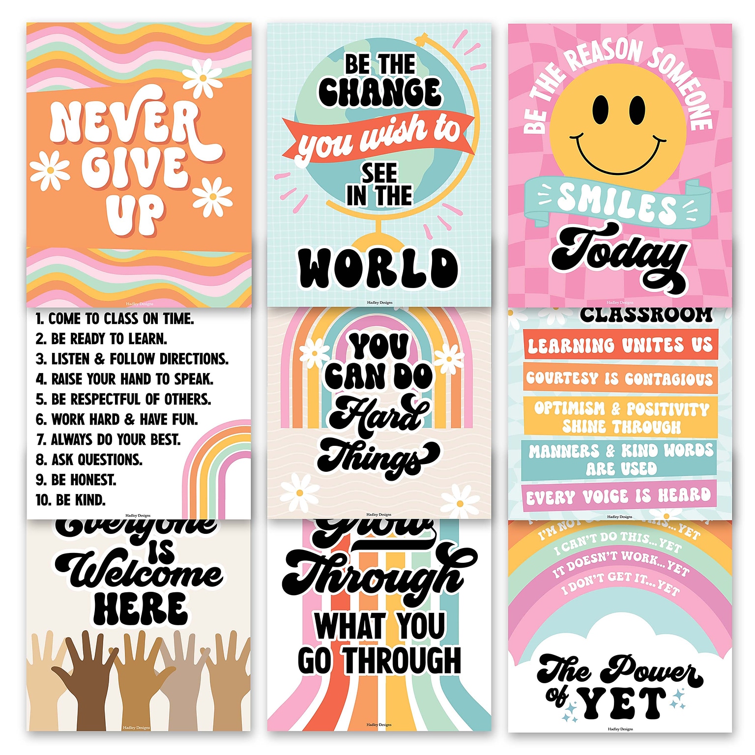 Hadley Designs 14 x 11 Retro Growth Mindset Classroom Decor Posters, 9/Set (HDDX004ACAK3H)
