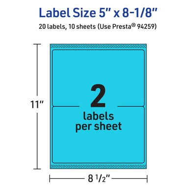 Avery Laser/Inkjet Multipurpose Labels, 8.125"  x 5", Bright Blue, 20/Pack (94259)