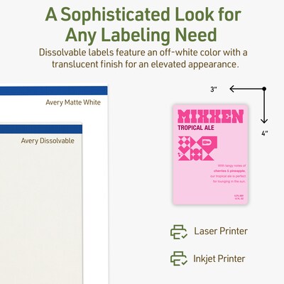 Avery Dissolvable Rectangle Multipurpose Labels, 4" x 3", Off-white, 20/Pack (94252)