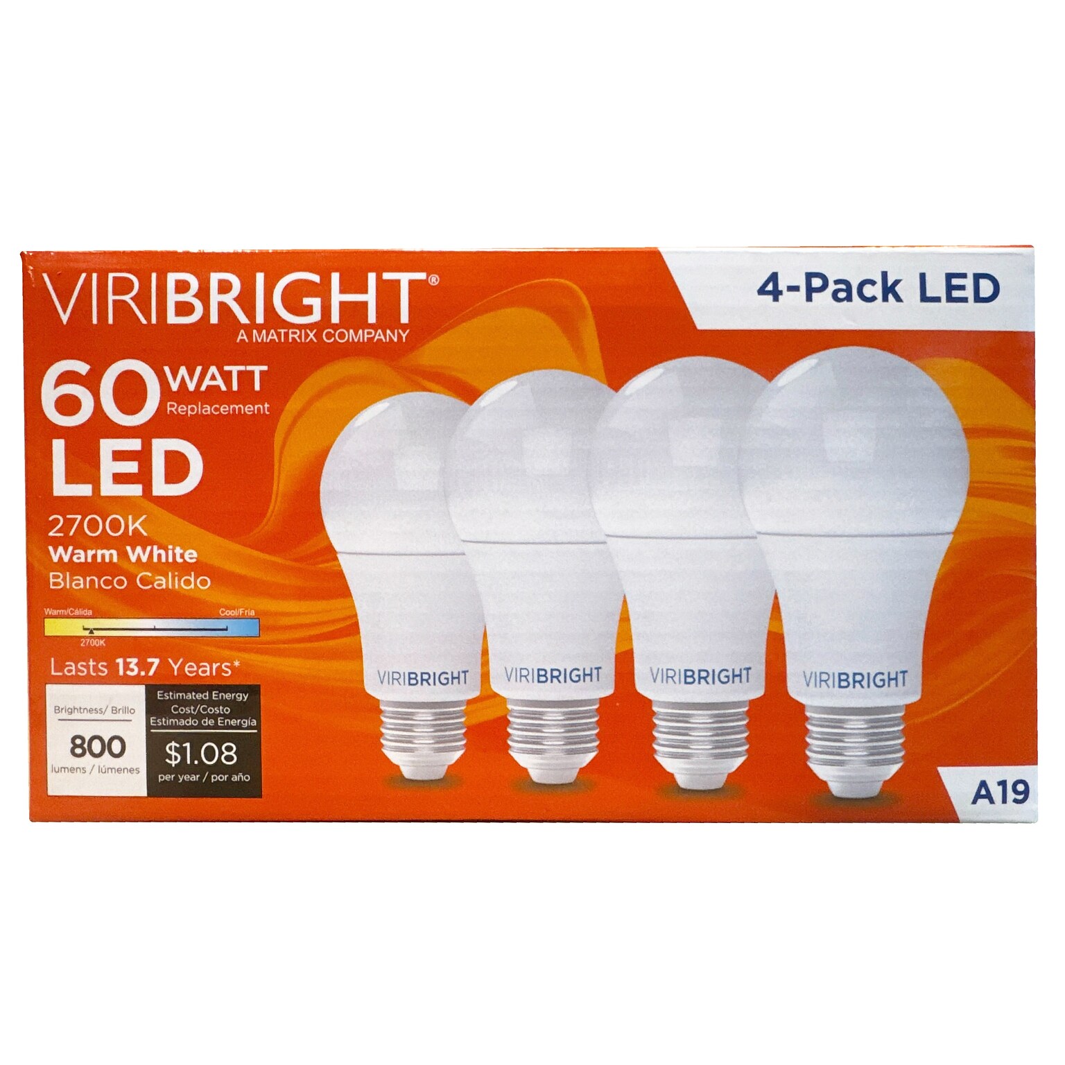 Viribright 9 Watts Warm White LED Household Bulb, 4/Box (450107-4)