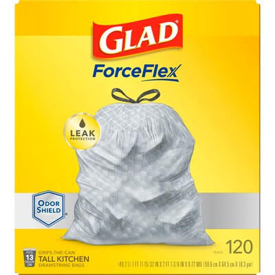Glad ForceFlex OdorShield 13 Gallon Kitchen Trash Bag, 23.75" x 25.4", Low Density, 0.72 mil, Gray, 120 Bags/Box (79158)