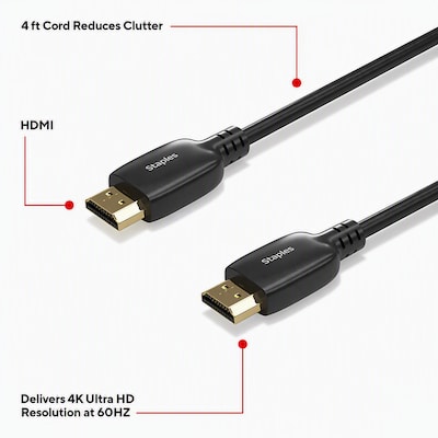 Staples TECH HDMI Cable, 4 ft, Black, Supports 4K@60Hz, High-Speed Audio/Video for TV, PC & Gaming Consoles