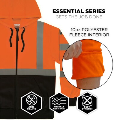 Ergodyne GloWear 8312BK High Visibility Long Sleeve Black Bottom Hooded Zip-Up Sweatshirt, ANSI Type R Class 3, Orange, 2XL
