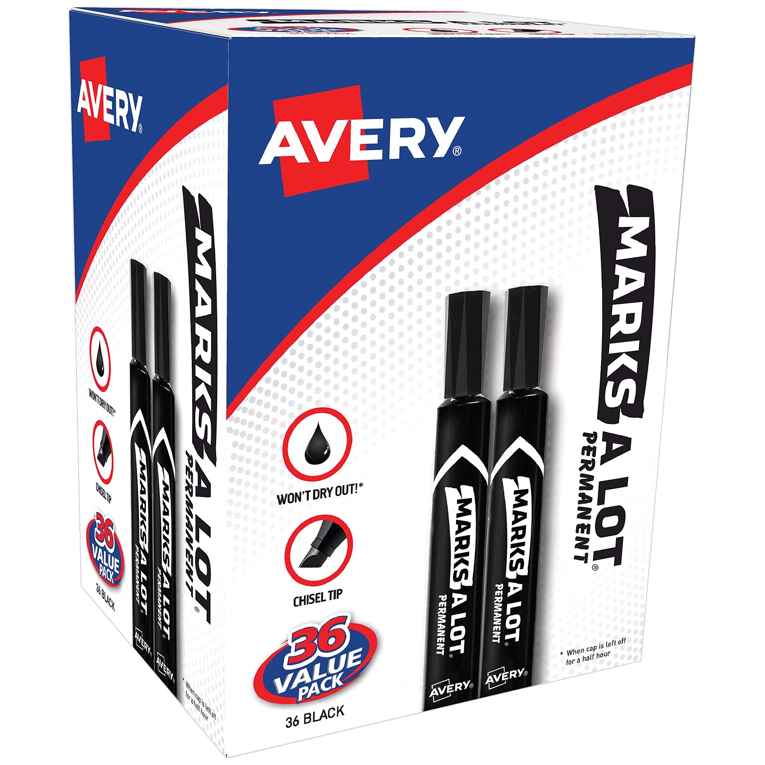Avery Marks A Lot Permanent Marker, Chisel Tip, Black, 36/Pack (98206)