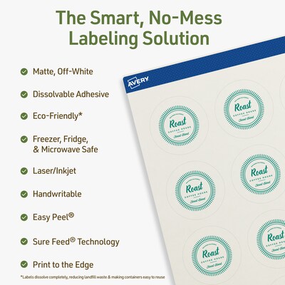 Avery Dissolvable Circle Multipurpose Labels, 1.75 Dia., Off-white, 100/Pack (94509)