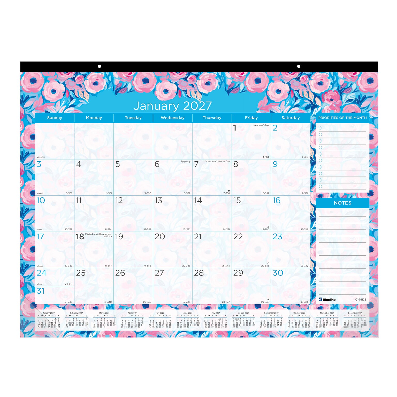 2027 Blueline Colorful Floral 22 x 17 Monthly Desk Pad Calendar (C194128-27)