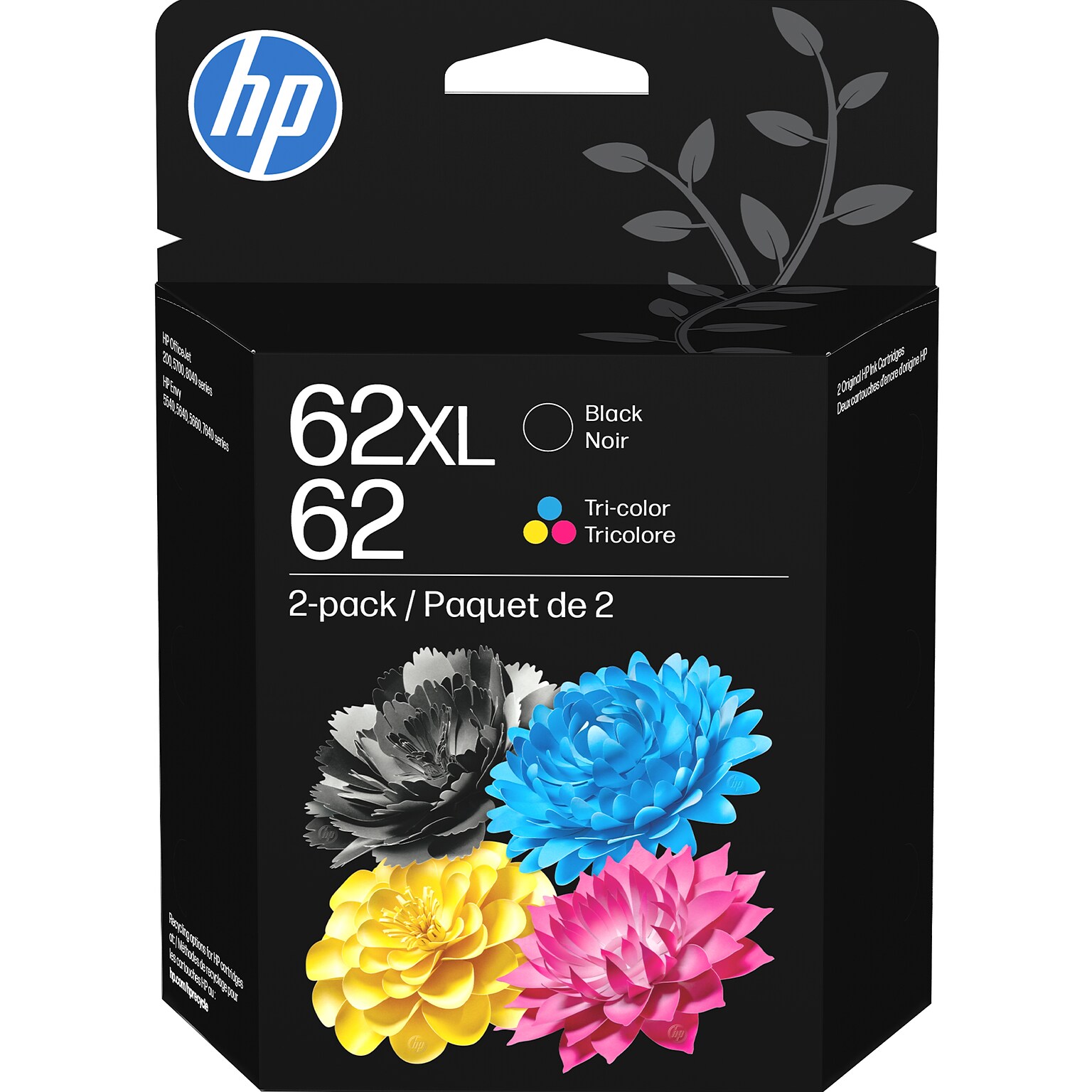 HP 62XL/62 Black High Yield and Tri-Color Standard Yield Ink Cartridge, 2/Pack (N9H67FN#140)