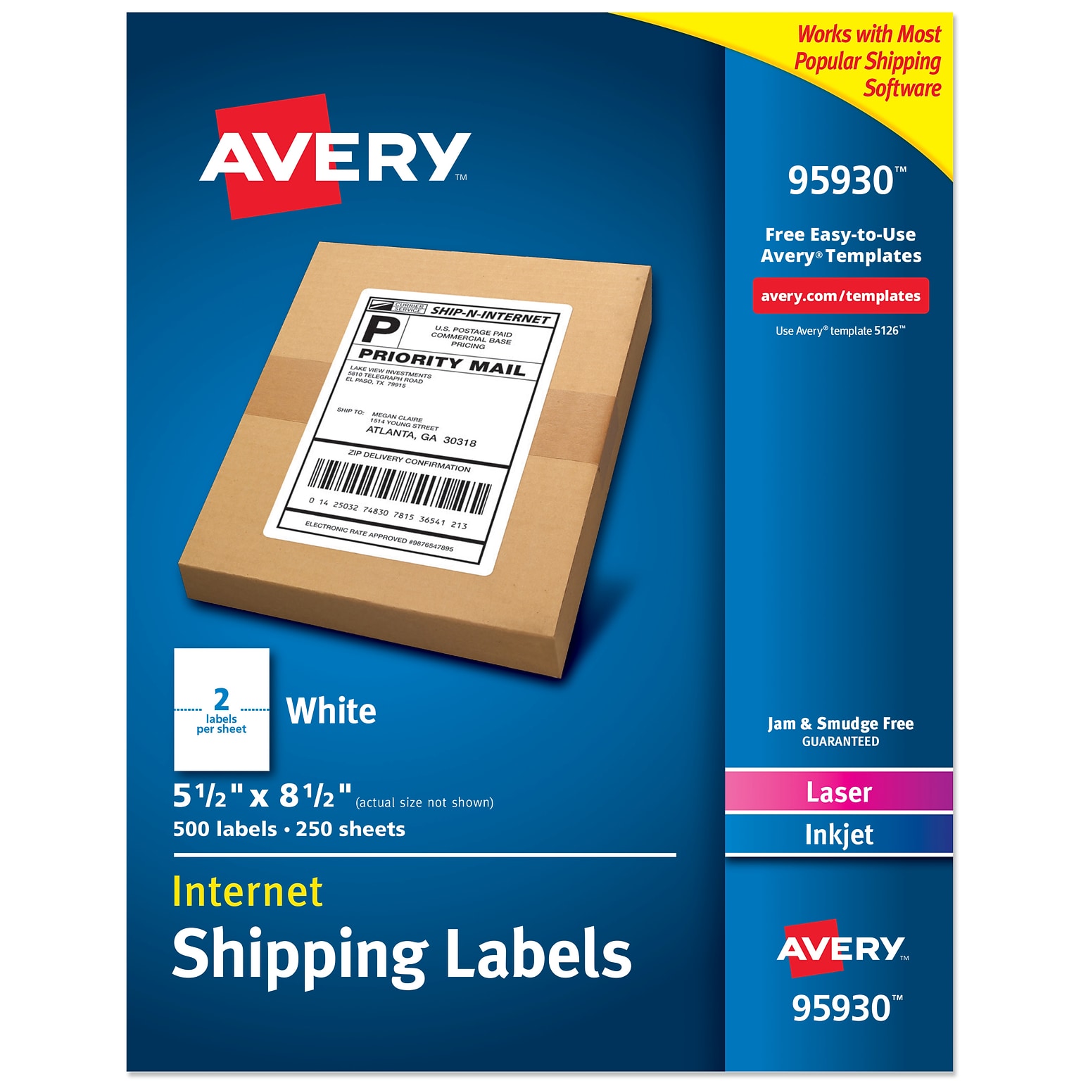 Avery Laser/Inkjet Shipping Labels, 5-1/2 x 8-1/2, White, 500 Labels/Box (95930)