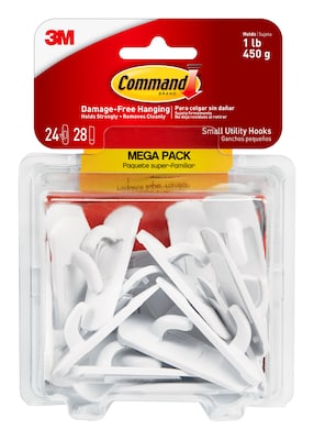 Command Small Utility Hook Mega Pack, 2 lb., White, 24/Pack (17002-MPES)