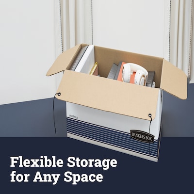 Bankers Box Medium-Duty FastFold File Storage Boxes, String & Button, Letter/Legal Size, White/Blue, 4/Carton (0002501)