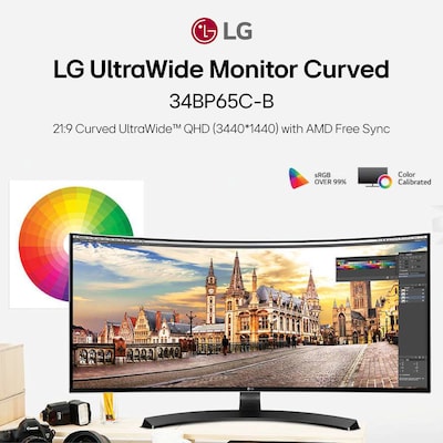 LG UltraWide 34" Curved WQHD 160Hz LED AMD FreeSync Gaming Monitor, HDR10, Black (34BP65C-B)
