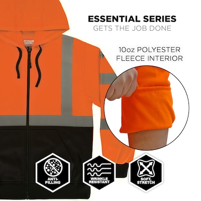 GloWear 8312BK High Visibility Long Sleeve Black Bottom Hooded Zip-Up Sweatshirt, ANSI Type R Class 3, Orange, 5XL (22949)