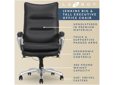 La-Z-Boy Jenkins Ergonomic Bonded Leather Executive Big & Tall Chair, 400 lb. Capacity, Black (60075-BLK)