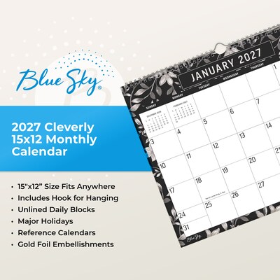 2027 Blue Sky 15" x 12" Monthly Wall Calendar, Black/White (160999)