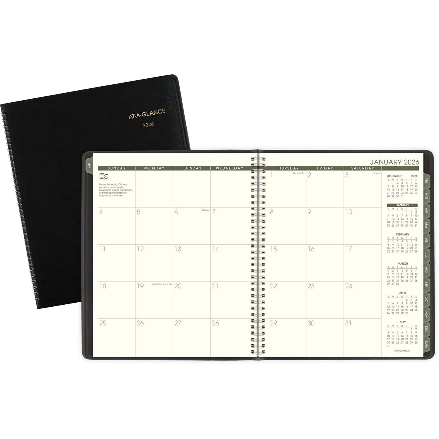 2026 AT-A-GLANCE Recycled 9 x 11 Monthly Planner, Faux Leather Cover, Black (70-260G-05-26)