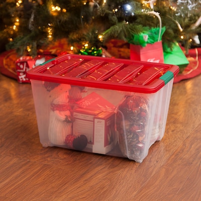 Iris Holiday Large Stackable Plastic Storage Box, 13" x 16.5" x 22", 54 Qt., Clear/Red, 4/Pack (500531)