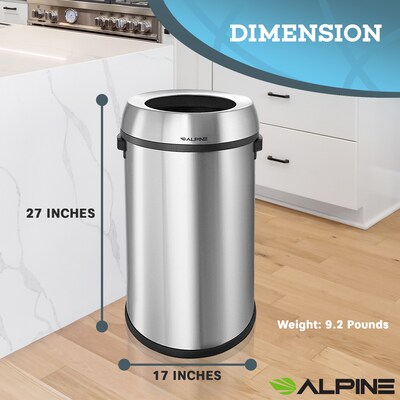 Alpine Industries Stainless Steel Trash Can with Open Lid, 17 Gallon, 2/Pack (ALP470-65L-2PK)