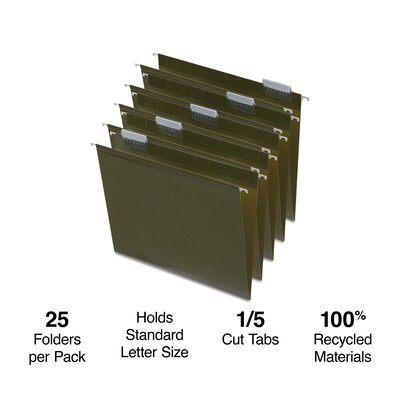 Quill Brand® 100% Recycled Premium Reinforced 5-Tab Hanging File Folders, Letter Size, Green, 25/Box