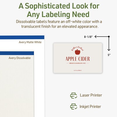 Avery Dissolvable Rectangle Multipurpose Labels, 5" x 8-1/8", Off-white, 10/Pack (94259)
