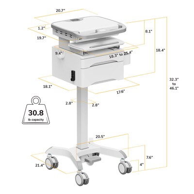 Mount-It! MedHub Height-Adjustable Medical Cart with 2 Lockable Drawers, Power Strip and Locking Casters, White/Grey (MI-16037)