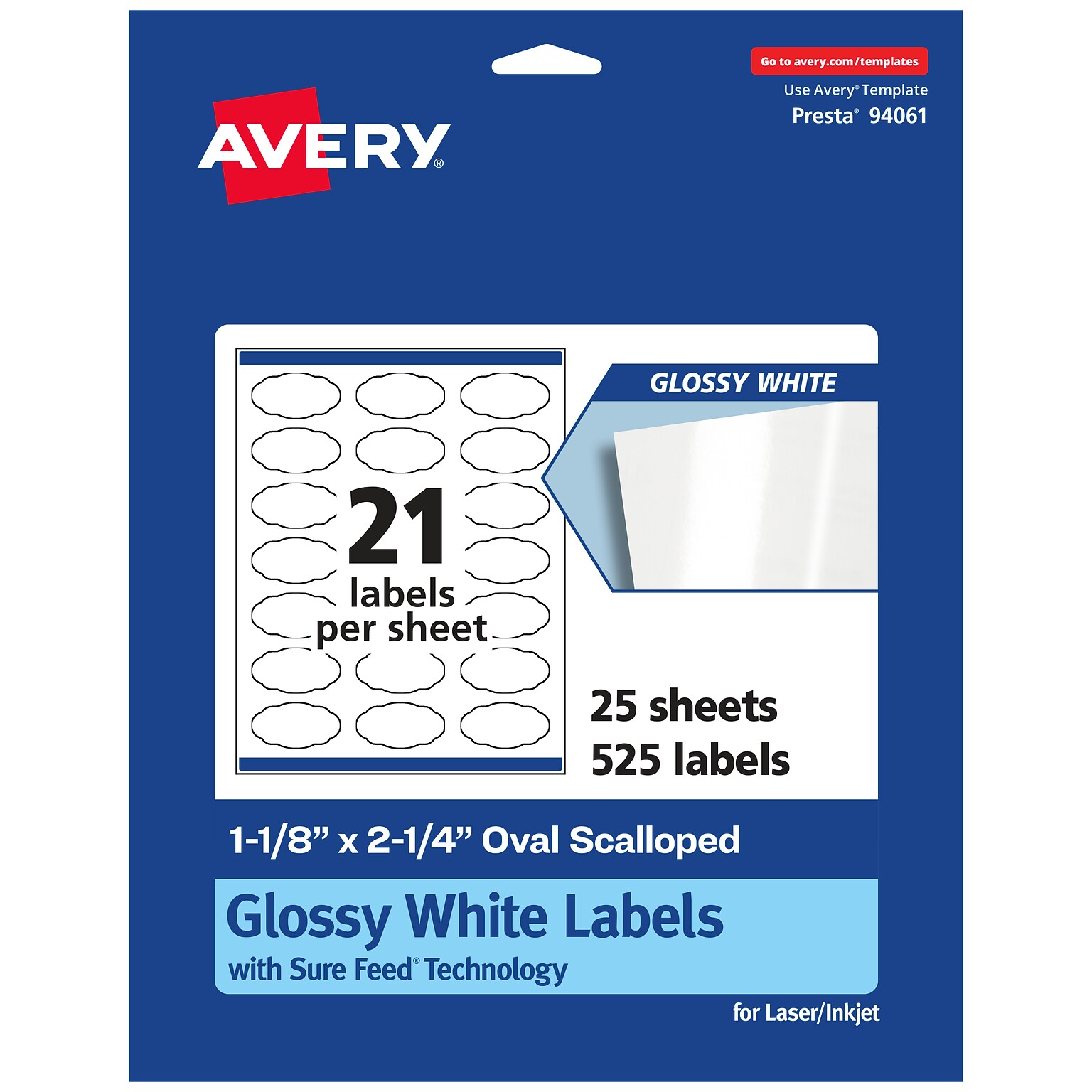 Avery Laser/Inkjet Multipurpose Labels, 2.25 x , Glossy White, 525/Pack (94061)