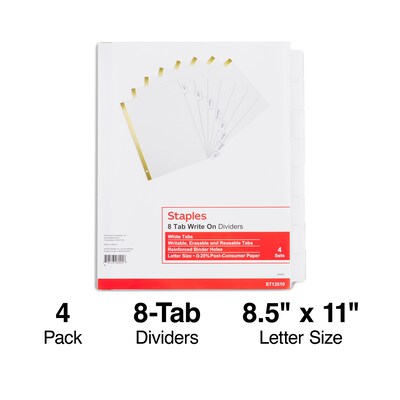 Staples Large Tab Write-On Dividers, 8-Tab Set, White, 4/pack