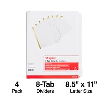 Staples Large Tab Write-On Dividers, 8-Tab Set, White, 4/pack