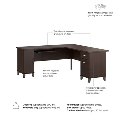 Bush Home Somerset 72" W L Shaped Office Desk with Storage, Mocha Cherry (WC81810K)