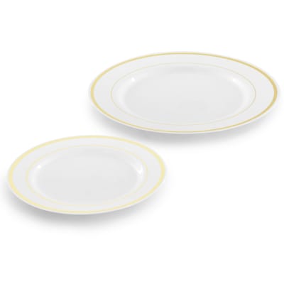 Round Elama Plastic Dinnerware Set, White/Gold, 350 Piece (935123348M)