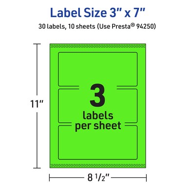 Avery Laser/Inkjet Multipurpose Rectangle Labels, 3" x 7", Neon Green, 30/Pack (94250)