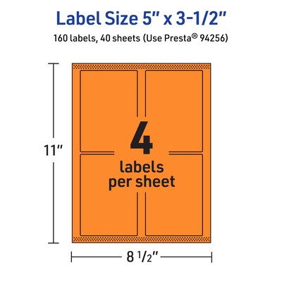 Avery Laser/Inkjet Multipurpose Rectangle Labels, 5" x 3.5", Bright Orange, 160/Pack (94256)