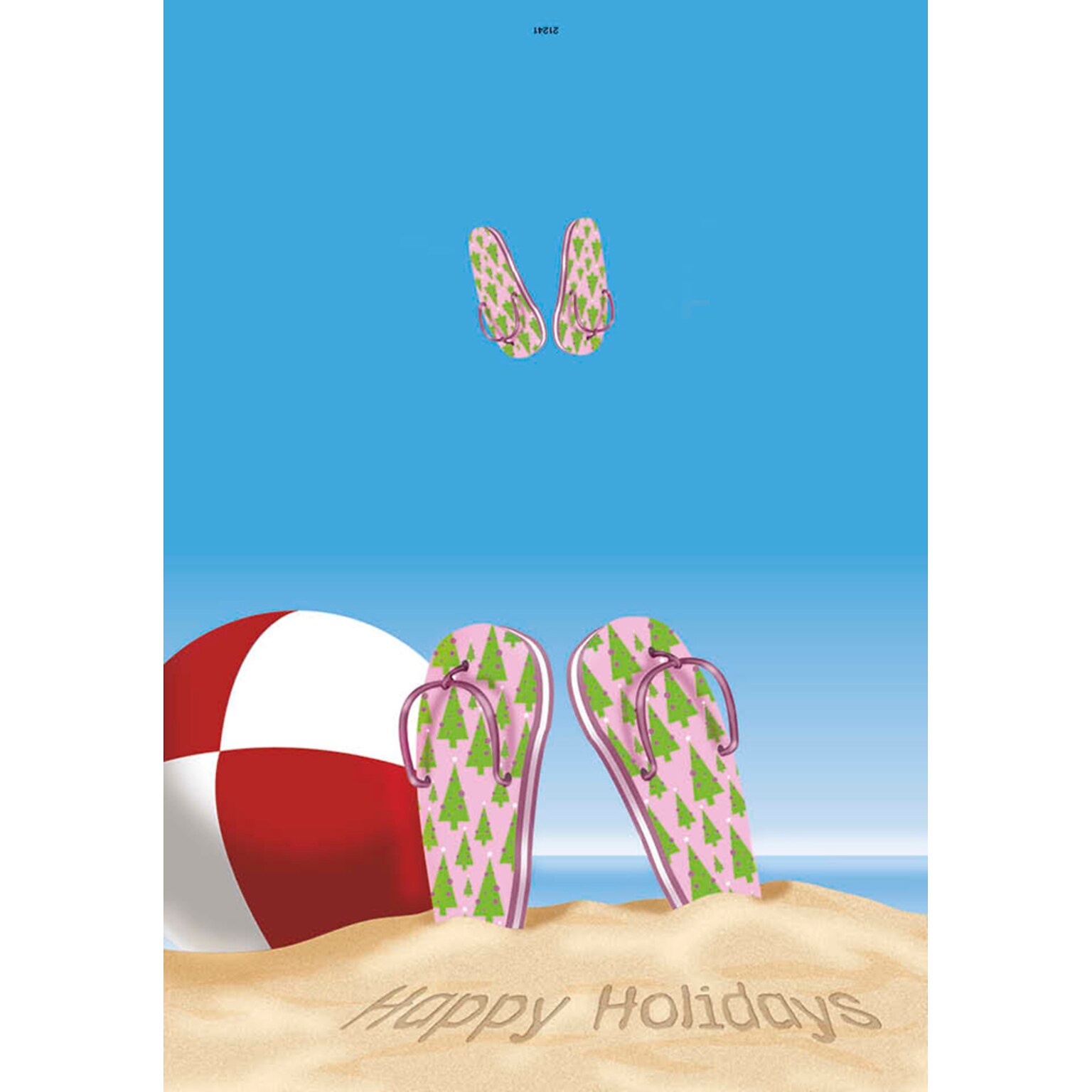 Happy Holidays - sandals , beach ball on beach - 7 x 10 scored for folding to 7 x 5, 25 cards w/A7 envelopes per set
