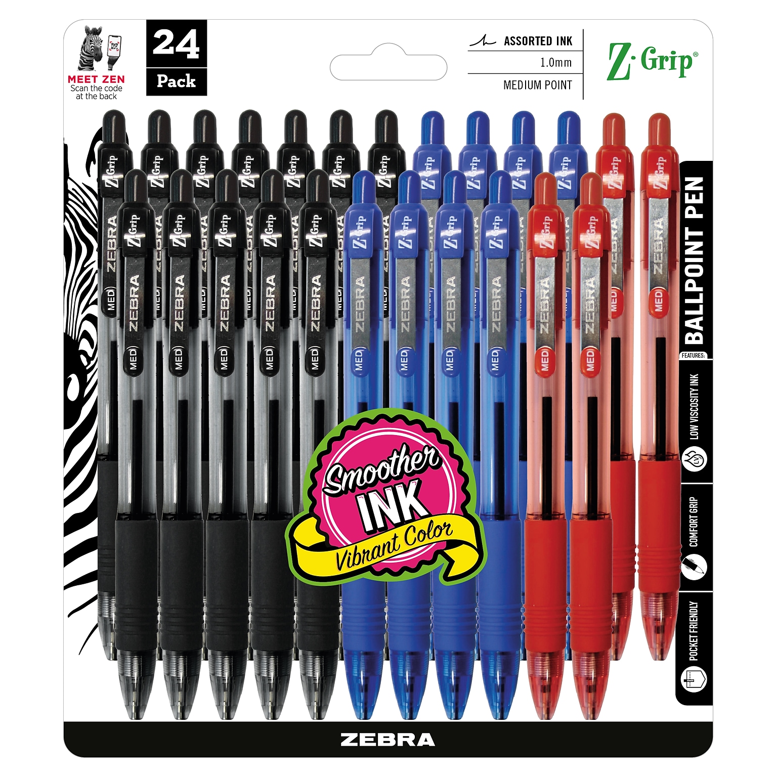 Zebra Z-Grip Retractable Ballpoint Pen, Medium Point, 1.0mm, Assorted Ink, 24 Pack (12224)