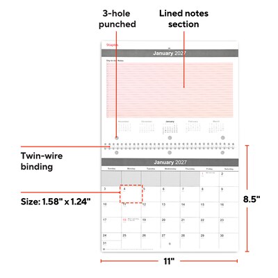 2027 Staples 11 x 8.5 Monthly Wall Calendar, White/Red/Gray (ST63591-27)