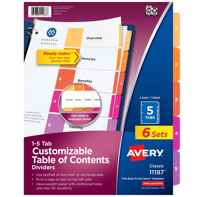 Avery Ready Index Table of Contents Paper Dividers, 1-5 Tabs, Multicolor, 6 Sets/Pack (11187)