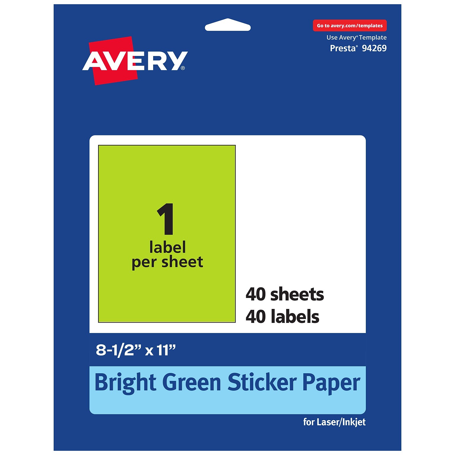 Avery Rectangle Multipurpose Labels, 8.5 x 11, Bright Green, 40/Pack (94269)