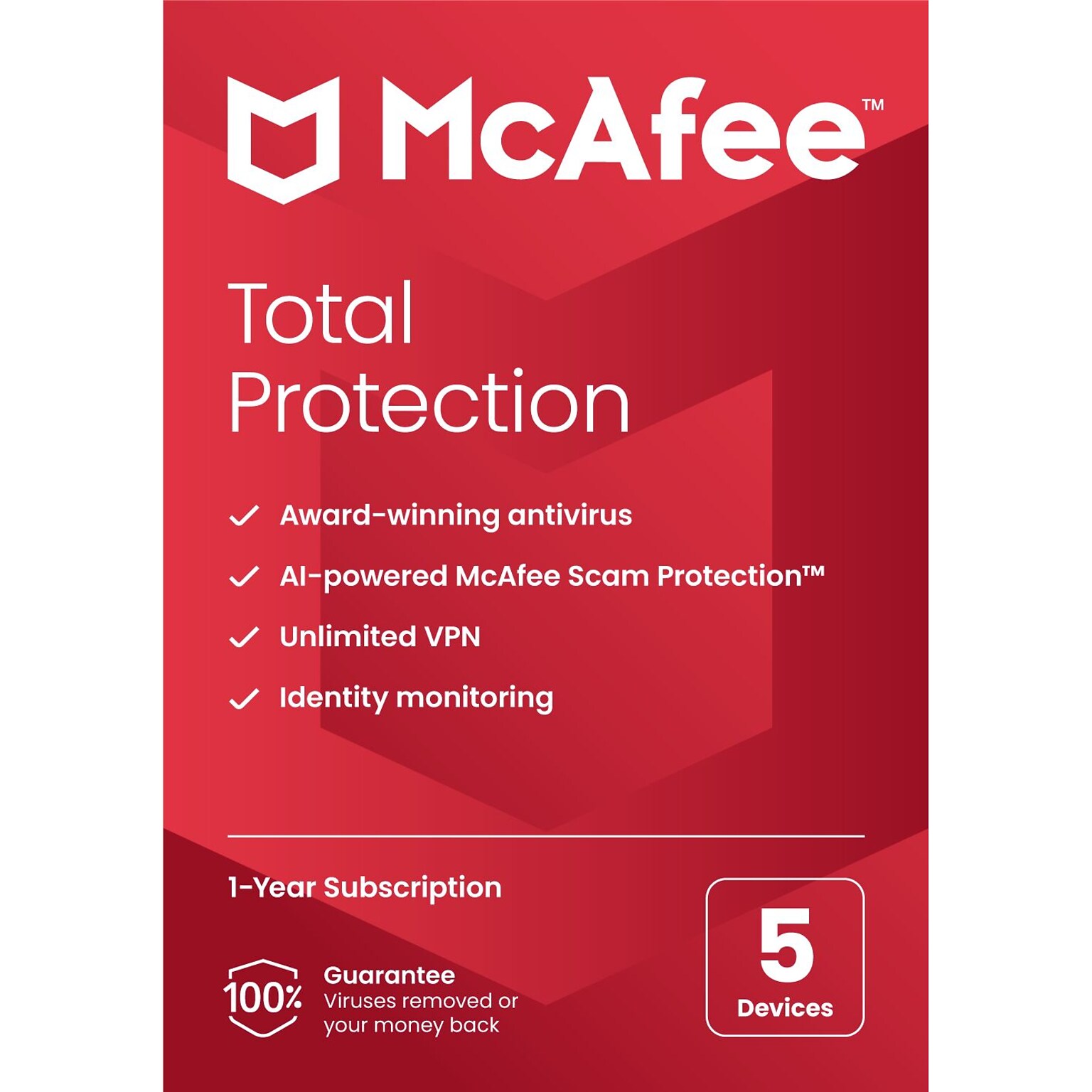 McAfee Total Protection for 5 Users, Windows/Mac/Android/iOS/ChromeOS, Product Key Card (MTP21EST5RFLM)