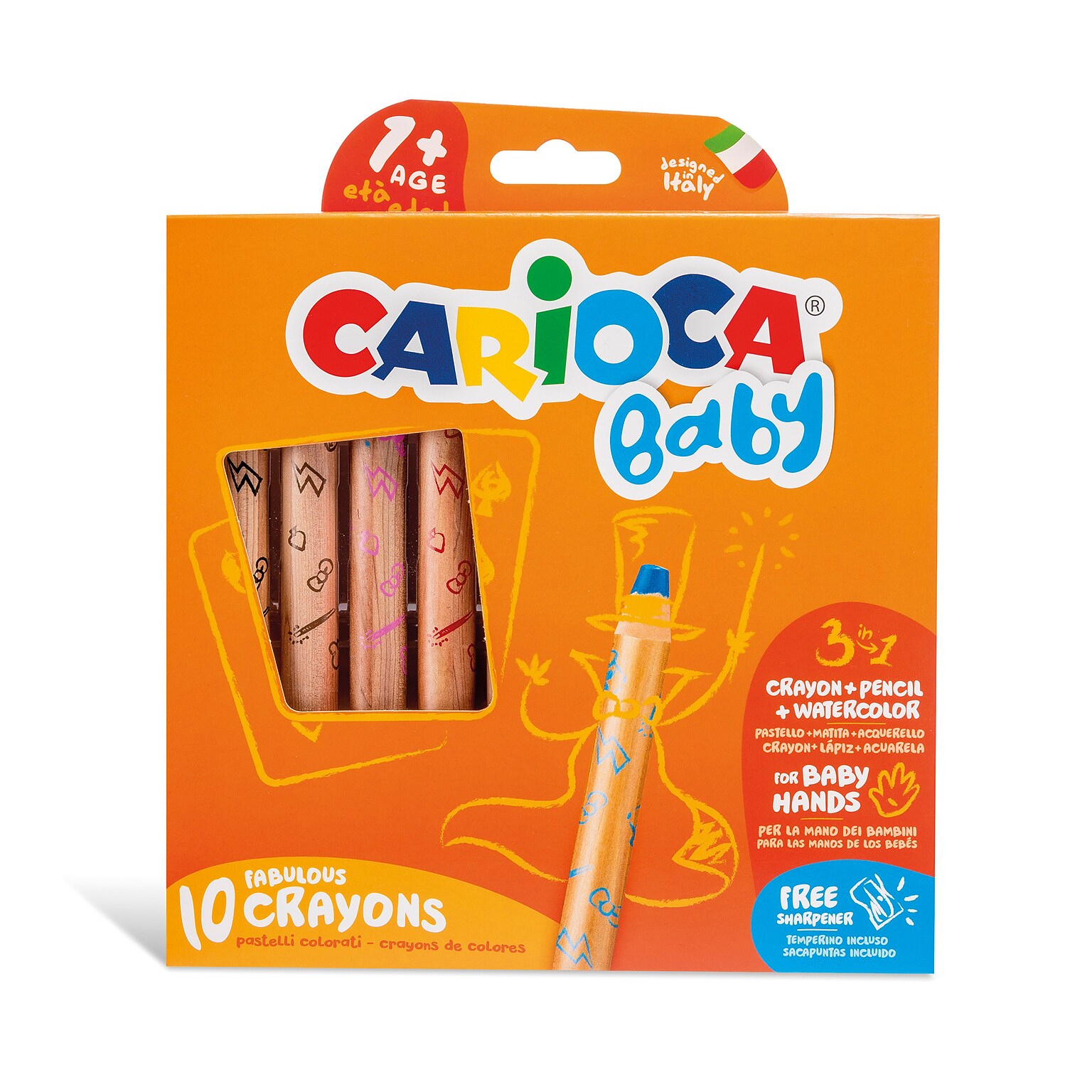 CARIOCA Baby 3-in-1 Washable Sharpener Crayon, Assorted Colors, 10/Set (CRA42818)