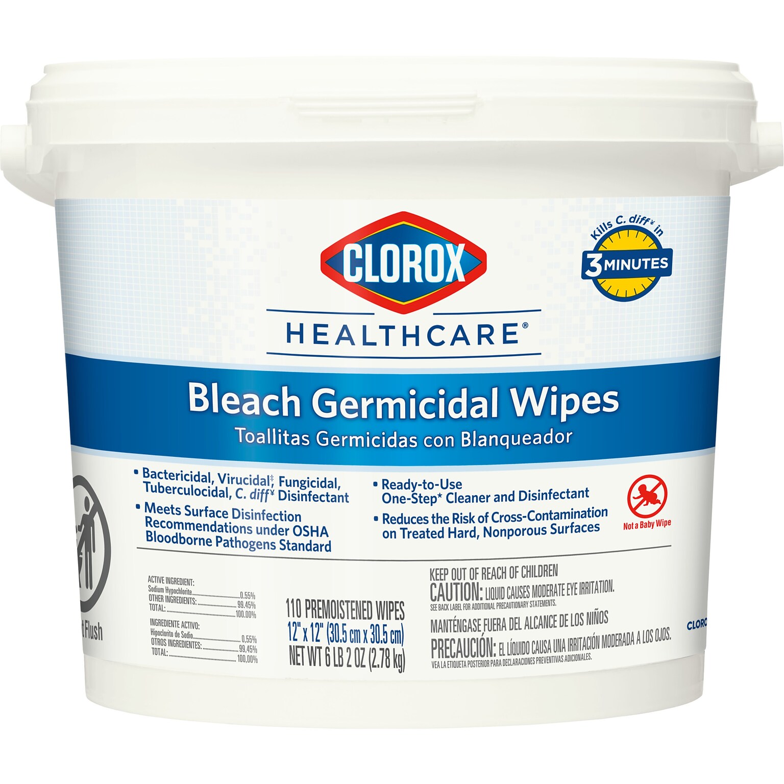 Clorox Healthcare Bleach Germicidal Wipes, 110 Count Pail (30358)