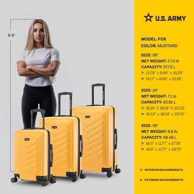 US Army FOX 3-Piece Hardside Spinner Carry-On Luggage Set, TSA Checkpoint Friendly, Mustard (USLFOXSML-MUS)