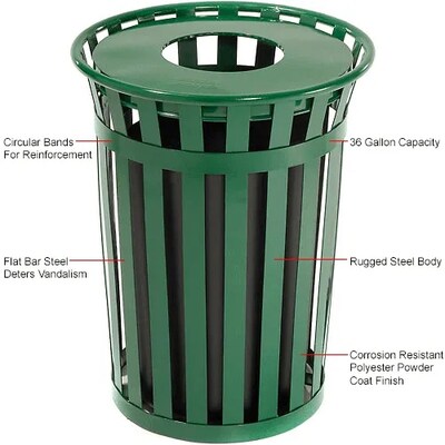 Global Industrial Outdoor Slatted Steel Trash Can w/ Flat Lid, 36 Gallon, Green (237726GN)