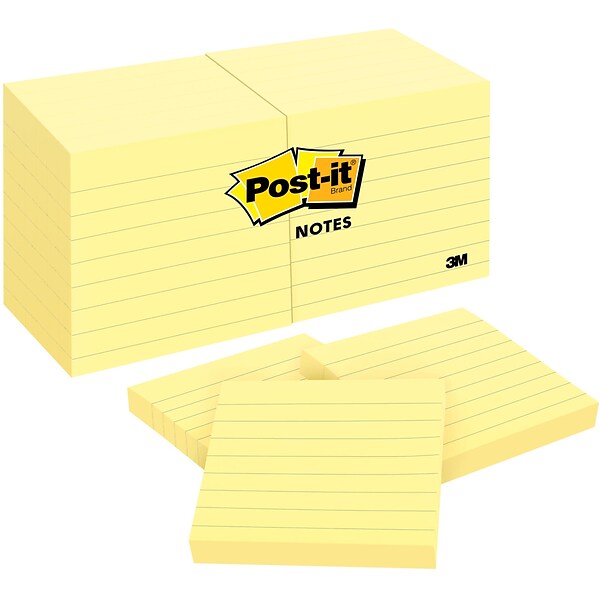 Post-it® Notes, 3 x 3, Canary Yellow, Lined, 100 Sheets/Pad, 12 Pads/Pack (630SS)