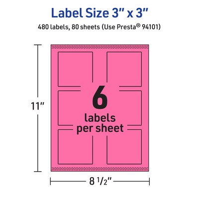 Avery Laser/Inkjet Square Multipurpose Labels, 3" x 3", Bright Pink, 480/Box (94101)