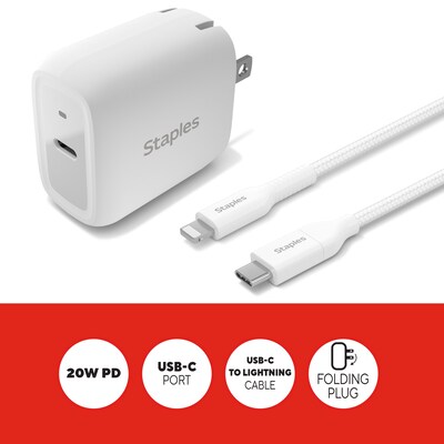 Staples TECH USB-C Wall Charger with Cable, 20W, White (ST62321)