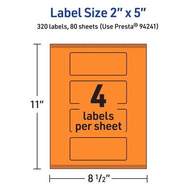 Avery Laser/Inkjet Multipurpose Rectangle Labels, 2" x 5", Bright Orange, 320/Box (94241)