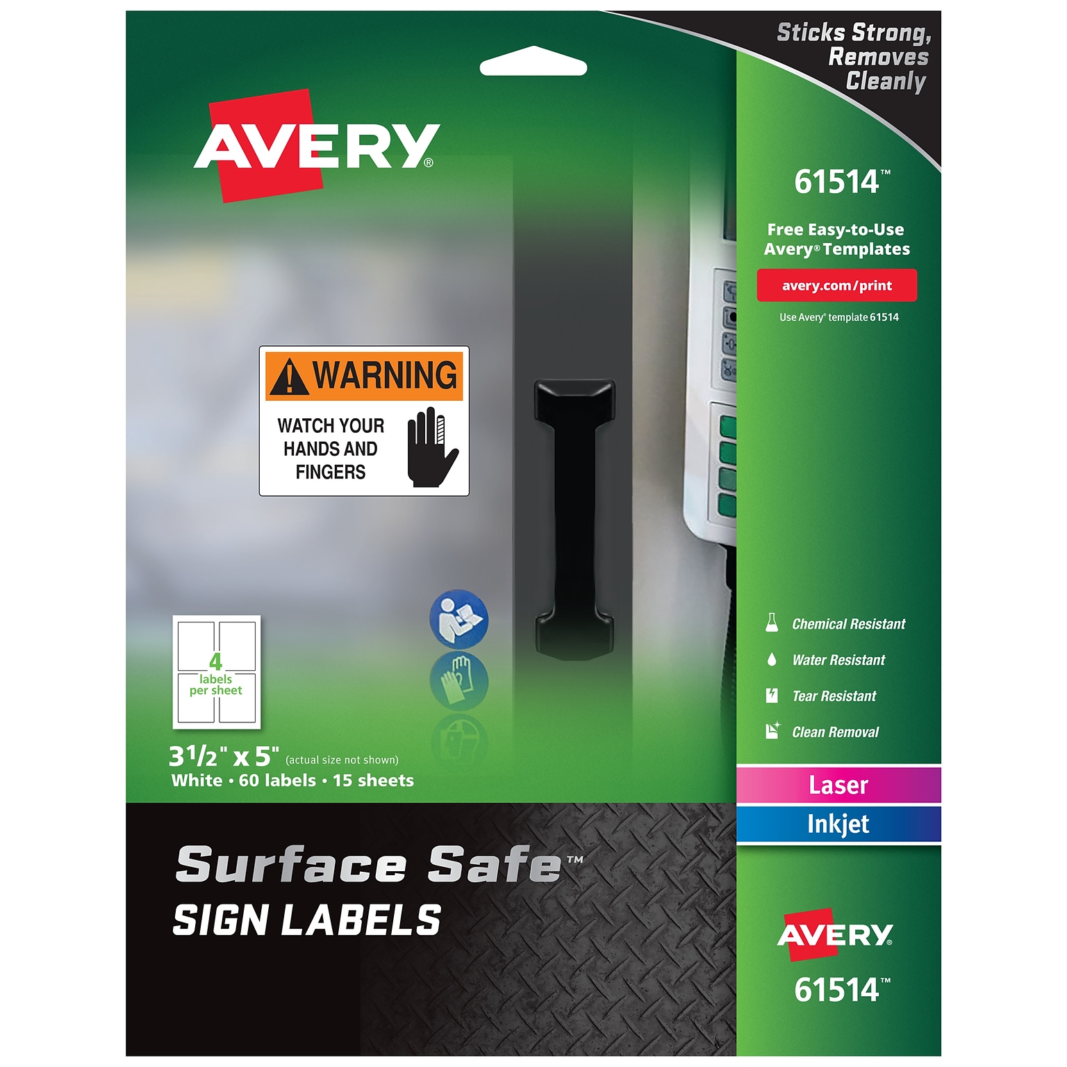 Avery Surface Safe Laser/Inkjet Label Safety Signs, 3 1/2 x 5, White, 4 Labels/Sheet, 15 Sheets/Pack (61514)