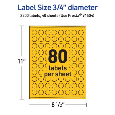 Avery Laser/Inkjet Round Multipurpose Labels, 0.75" Dia., Bright Yellow, 3200/Pack (94504)