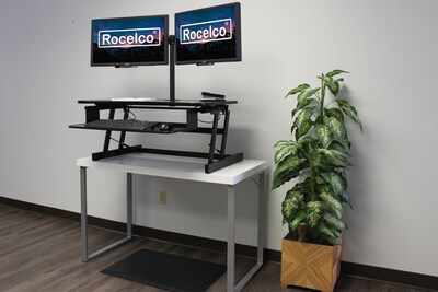Rocelco 37.5" Height Adjustable Standing Desk Converter with Dual Monitor Arm - Anti Fatigue Mat, Black (R DADRB-DM2-MAF)