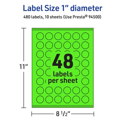 Avery Laser/Inkjet Multipurpose Circle Labels, 1" Dia., Neon Green, 480/Pack (94500)
