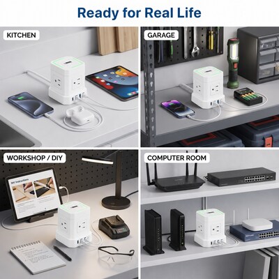 Uncaged Ergonomics Wireless Cube Power Strip with 15W Wireless Charger, 4 AC Outlets, 4 USB Ports, 10' Cord, White (WC-10-W)